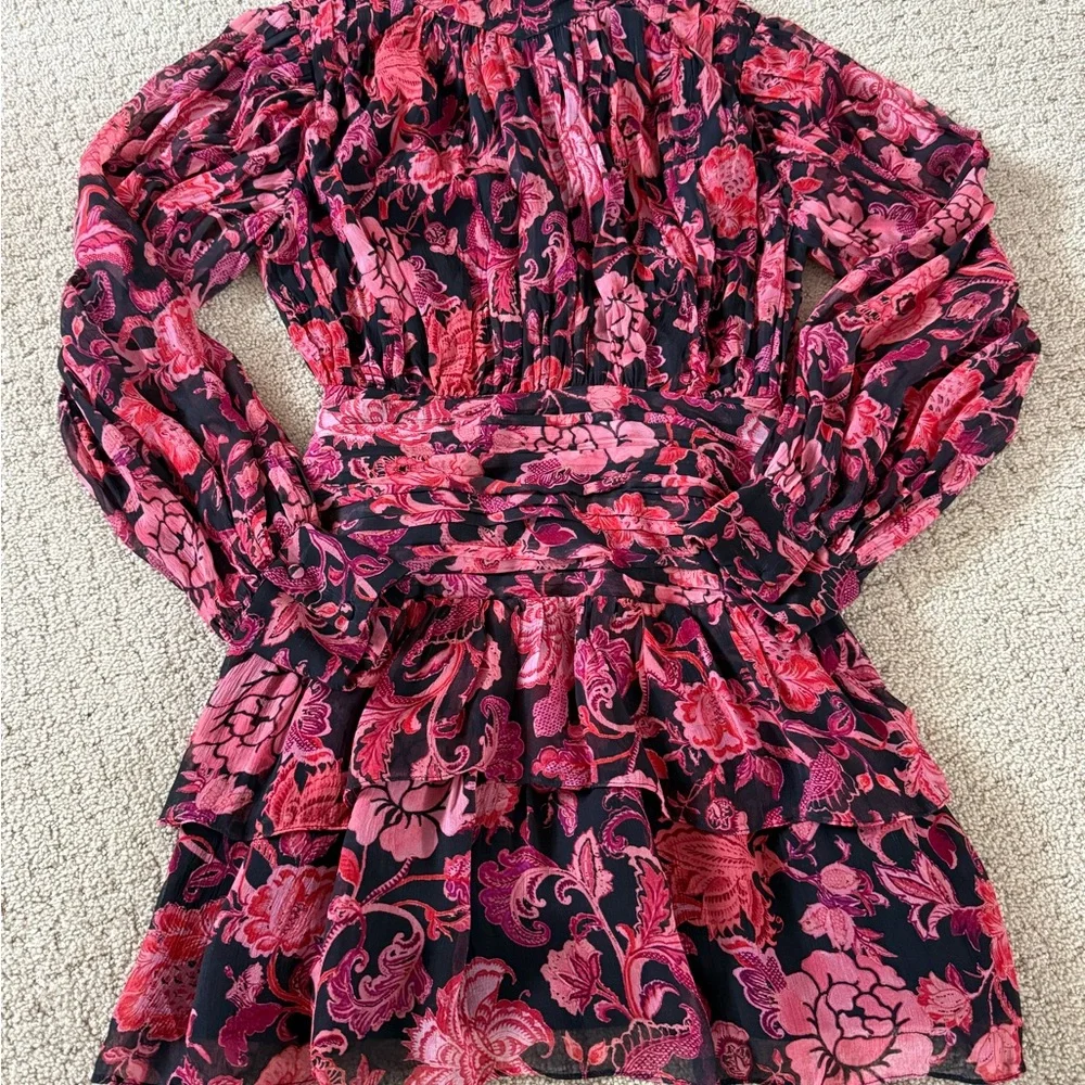 Revolve X HEMANT & NANDITA Crimson Rouched Mini Floral Dress B30 - Picture 8 of 15